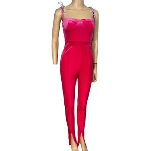 Fashion Nova Velvet Jumpsuit Hot Pink Rhinestone Straps Barbiecore
